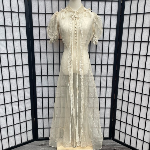 Vintage Dresses & Skirts - Ethereal Vintage 1940s Ivory Puff Sleeve Sheer Buttons Maxi Wedding Gown XXS